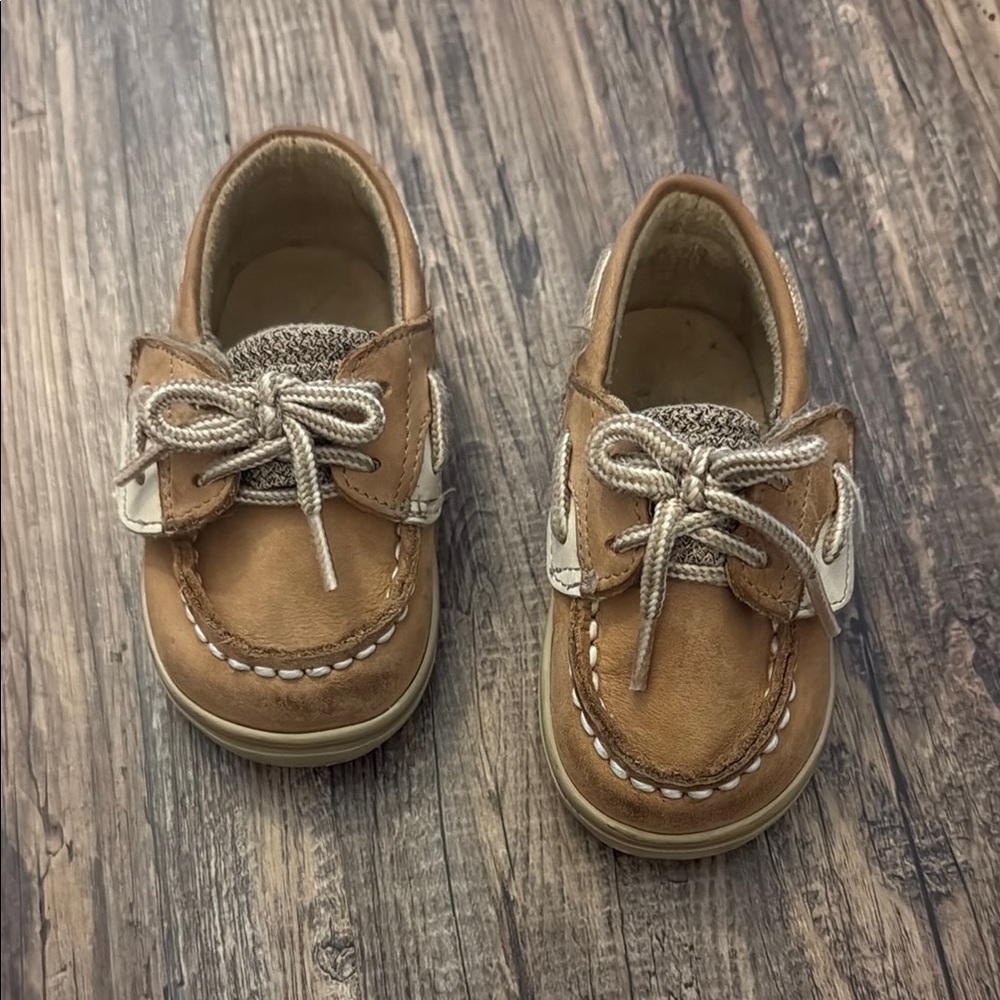 Sperry Tan and White Moccasins with Suede Finish